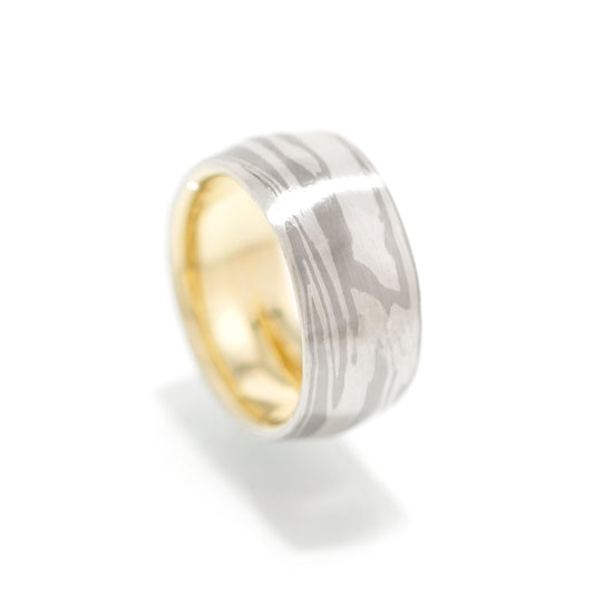 Zilver met Paladium Mokume-Gane Ring "white tiger" met geelgouden kern